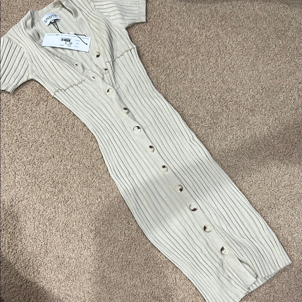Stylish Beige Button-Up Ribbed Dress